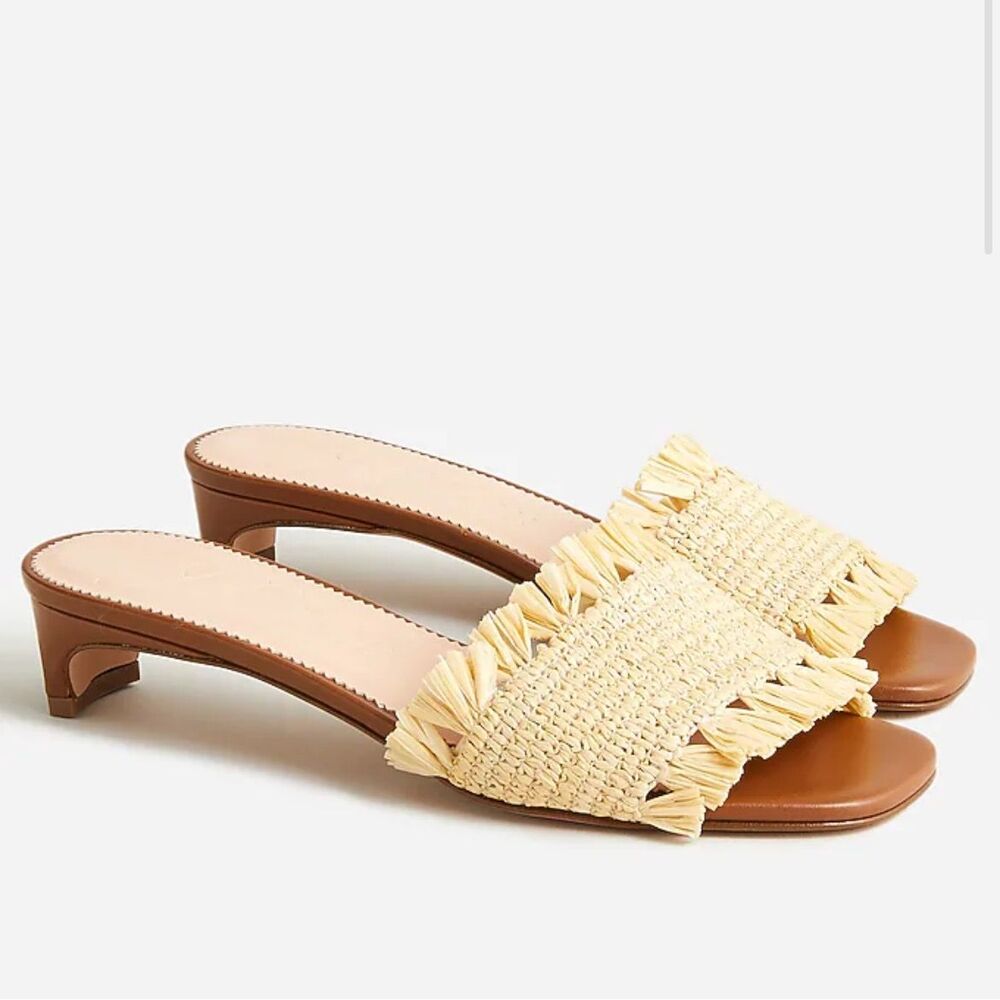 J.Crew Lina Kitten Heels Sandals Woven Raffia Fringe Natural Straw & Leather 9.5